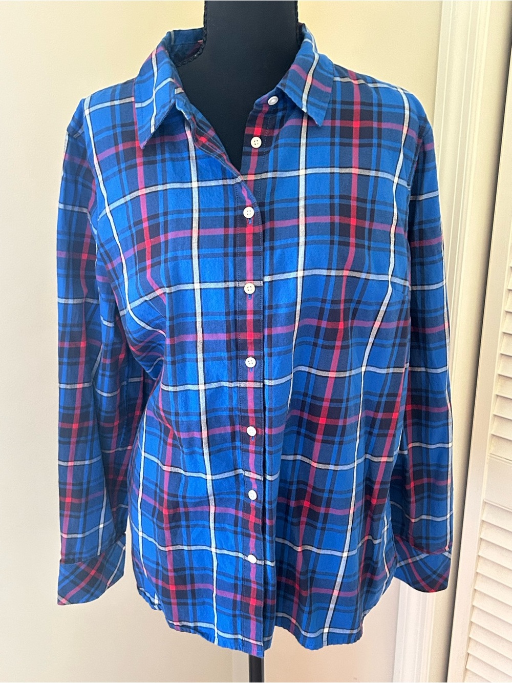 Talbots Blue Plaid Button-Down Shirt with Pink and White Accents